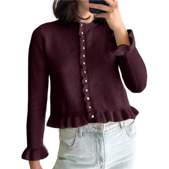 Women's Cropped Cardigan Ruffle Frilly Red - Picture 1 of 7